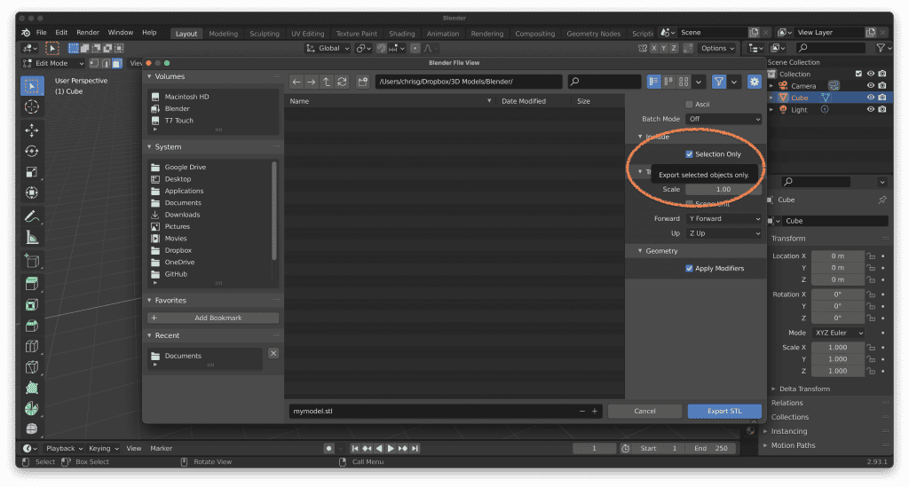 Export just selection in Blender