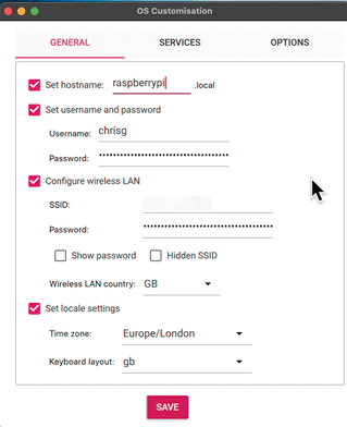 Configure your Raspberry Pi SD card operating system and wifi connection details
