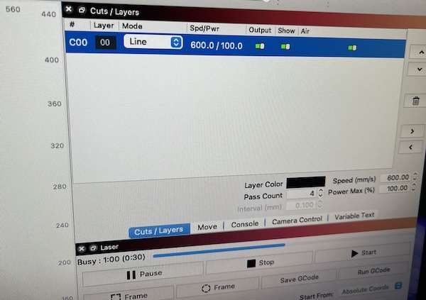 Lightburn score settings for the Longer B1 Laser
