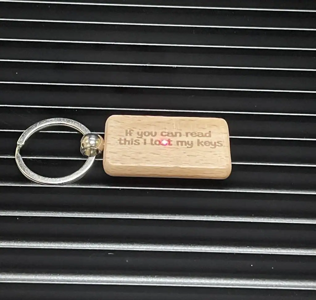 Lost keys keychain with humorous engraved message for tech and DIY enthusiasts.