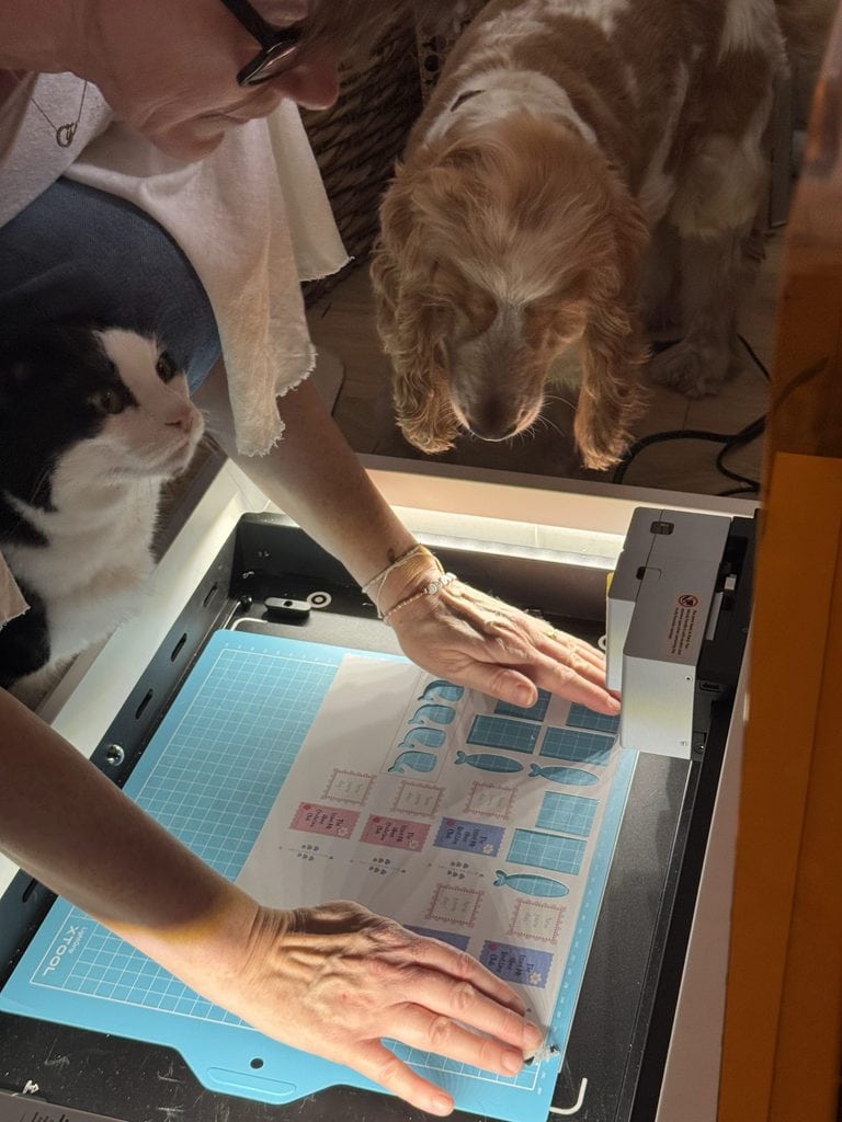 Clare operating xTool M1 laser cutter with pets observing the process.
