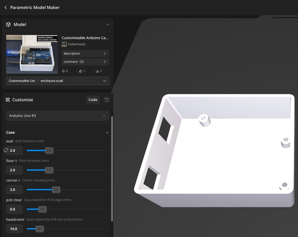 MakerWorld's Parametric Model Maker with the Arduino Uno R3 case: a board dropdown and sliders for wall, floor thickness, corner rounding, PCB clearance and headroom, next to the rendered case