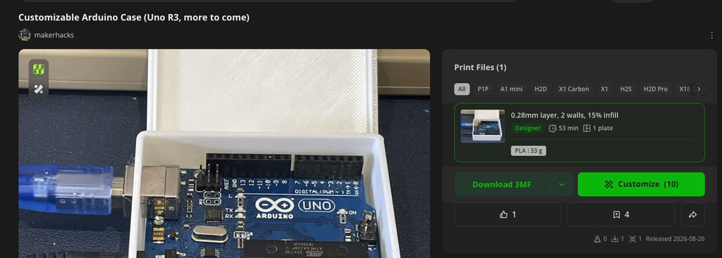 The MakerWorld listing for the Customizable Arduino Case, showing an Arduino Uno in the printed case, the print profile, and the Customize button