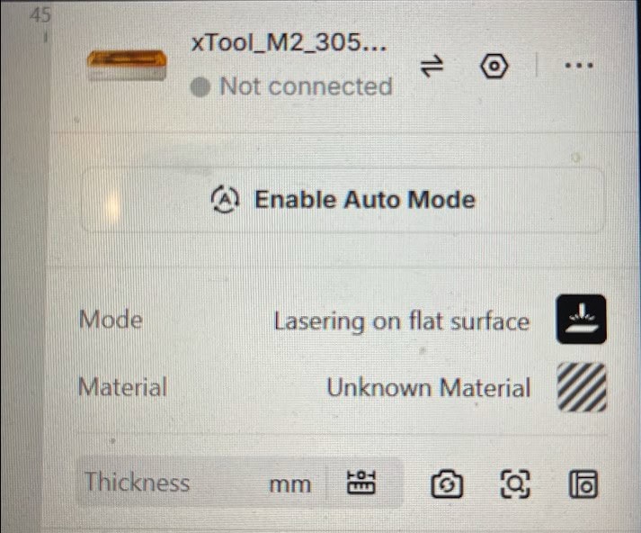 XTool M2 laser cutter interface showing mode and material settings.