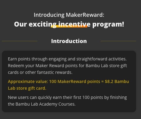 MakerReward program offering points for activities and rewards at Bambu Lab store.