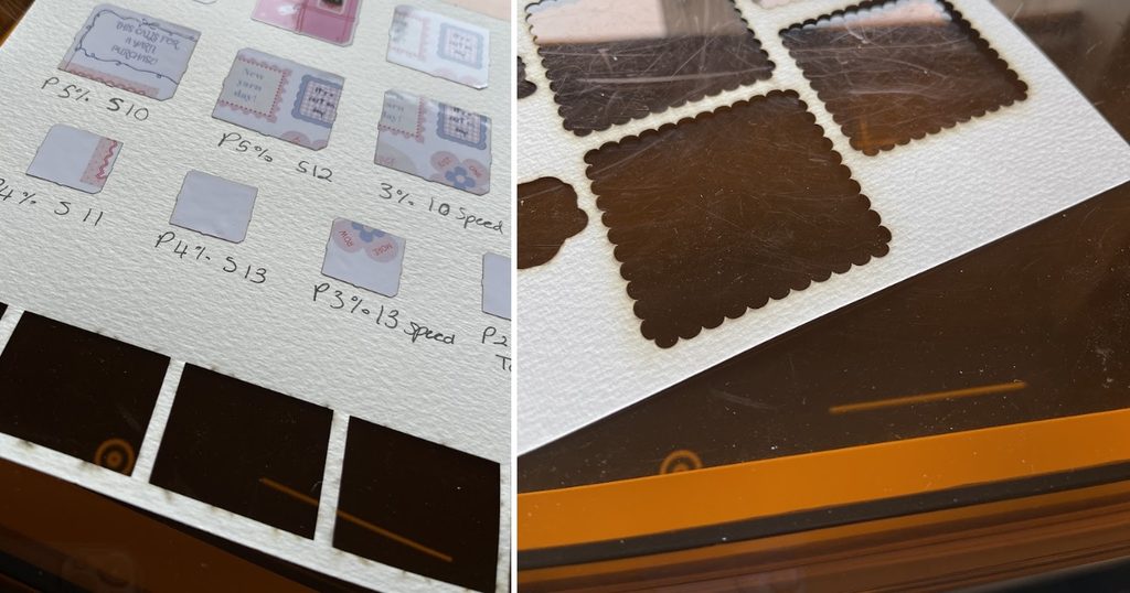 Maker Hacks xTool M2 laser cutter testing various materials and settings.