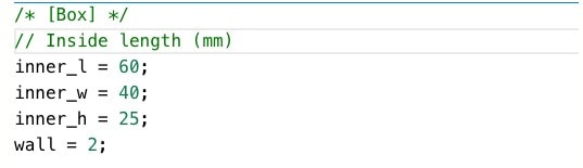 OpenSCAD code showing a Box section comment and an Inside length help comment above the variables