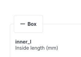 Parameters panel showing a Box group with inner_l labelled and Inside length in mm underneath