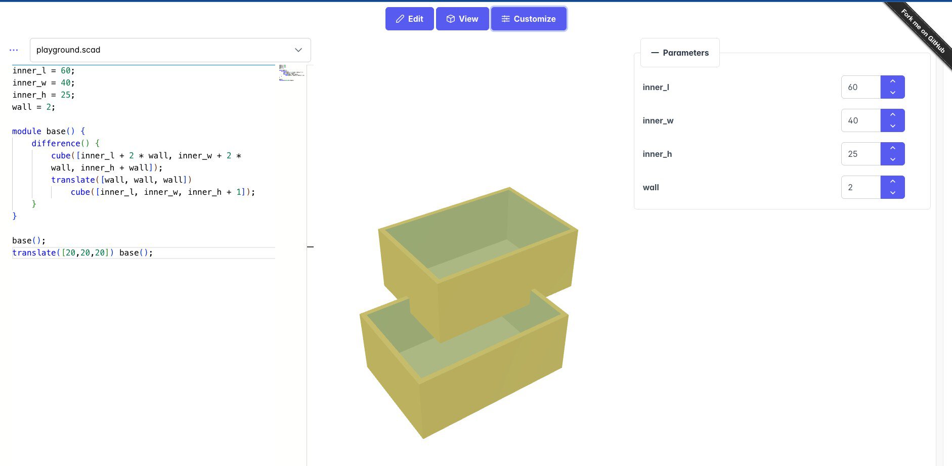 OpenSCAD playground with the Customize tab open and a Parameters panel listing inner_l, inner_w, inner_h and wall