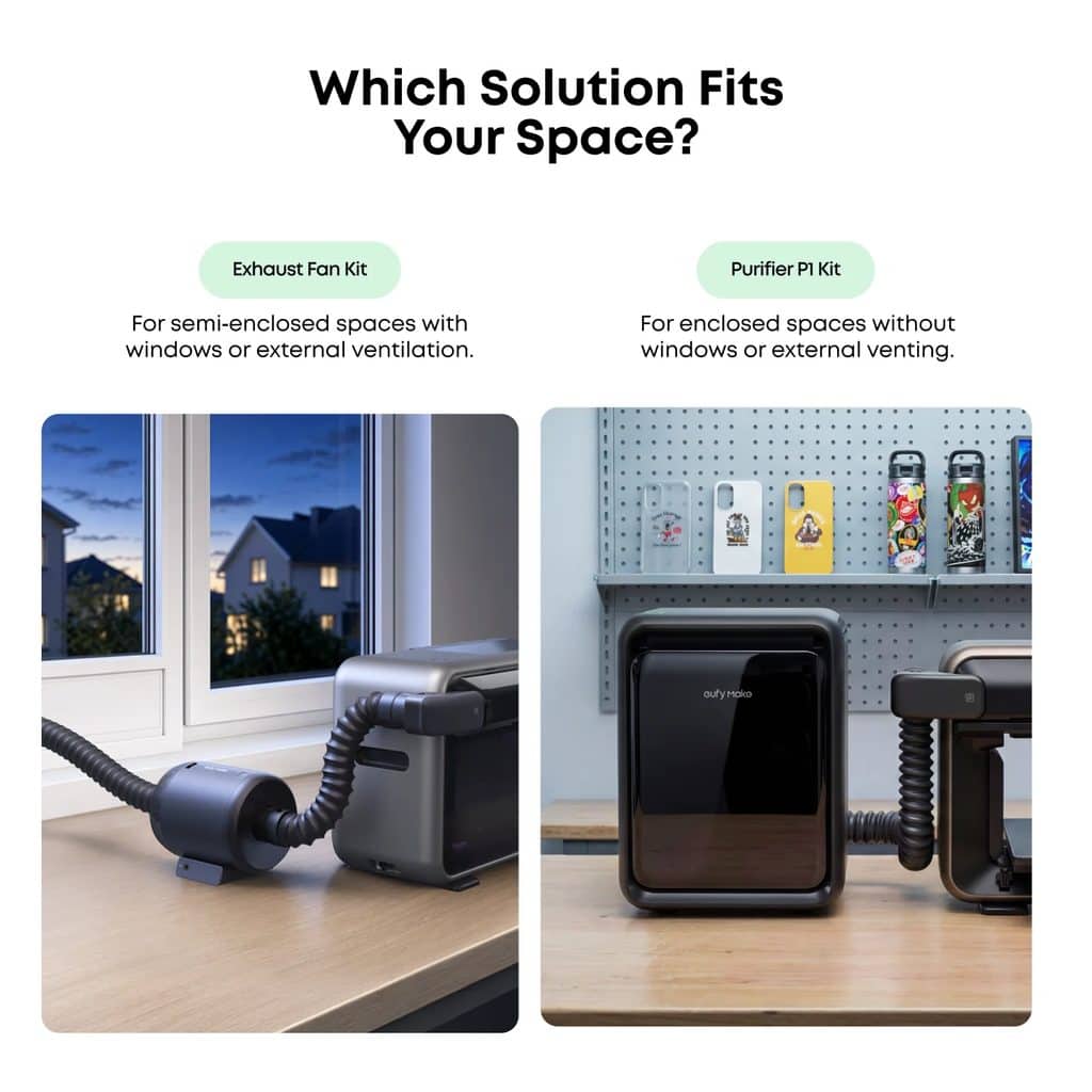 Comparison of exhaust fan kit and purifier P1 kit for space fitting.