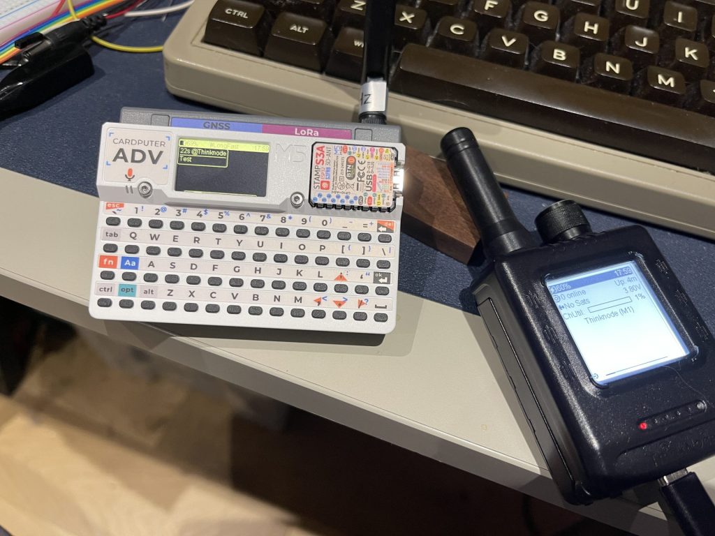 Cardputer ADV screen showing a Test message from the ThinkNode on LongFast
