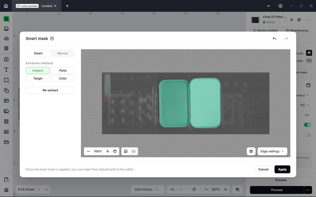 Smart mask in Subject mode covering both tins cleanly