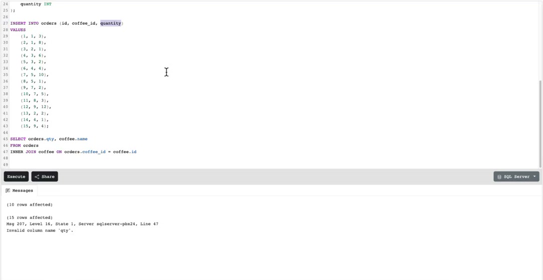 SQL Server error: invalid column name qty