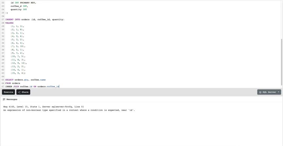 SQL Server error: an expression of non-boolean type specified in a context where a condition is expected
