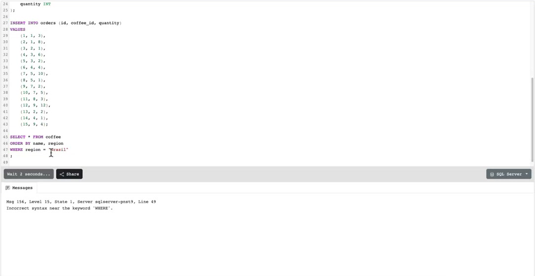 SQL Server error: incorrect syntax near the keyword WHERE, with ORDER BY written above WHERE