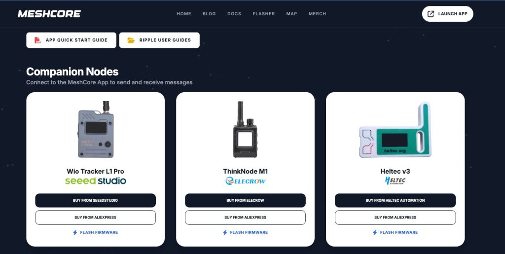 MeshCore website listing the ThinkNode M1 as a featured companion node