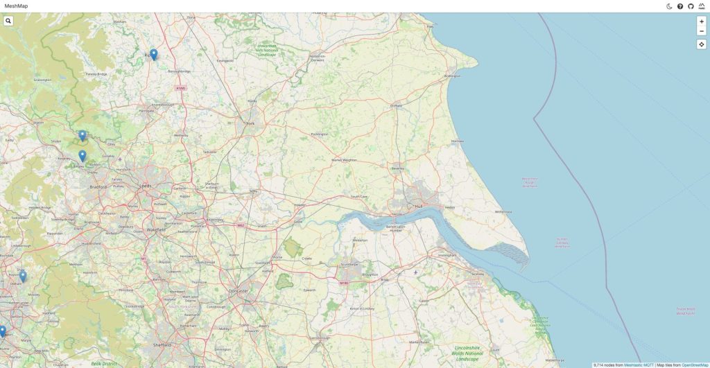 meshmap.net showing sparse Meshtastic nodes across Yorkshire