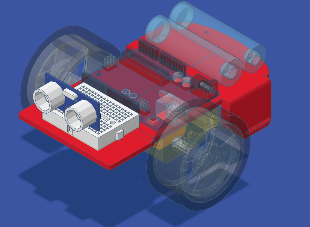 Front of the chassis with a mini breadboard and HC-SR04 ultrasonic sensor