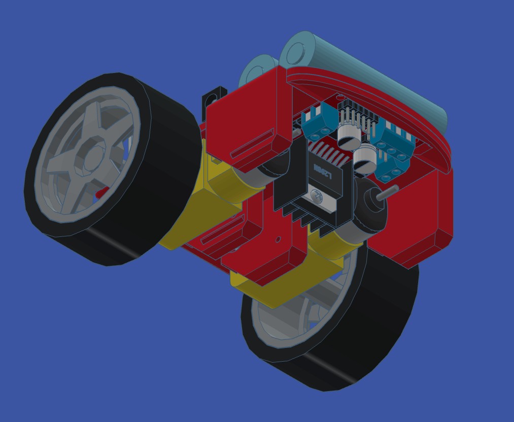 Underneath the chassis: TT motors in their brackets and the L298N driver between them