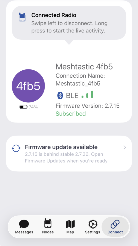 Meshtastic iOS app connected to the ThinkNode M1 over Bluetooth, firmware 2.7.15 with an update available