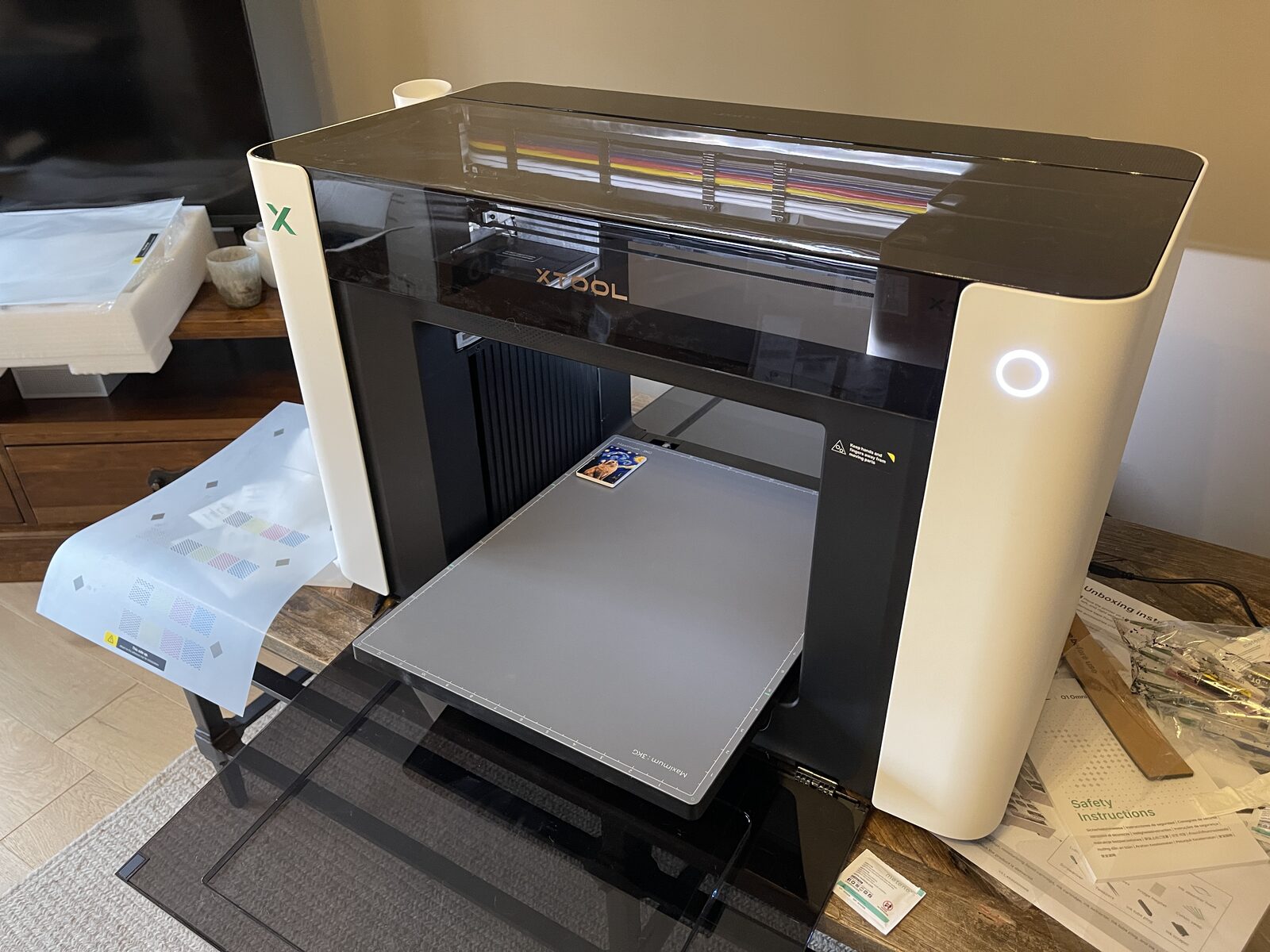 xTool O1 Omni UV printer with the front doors open